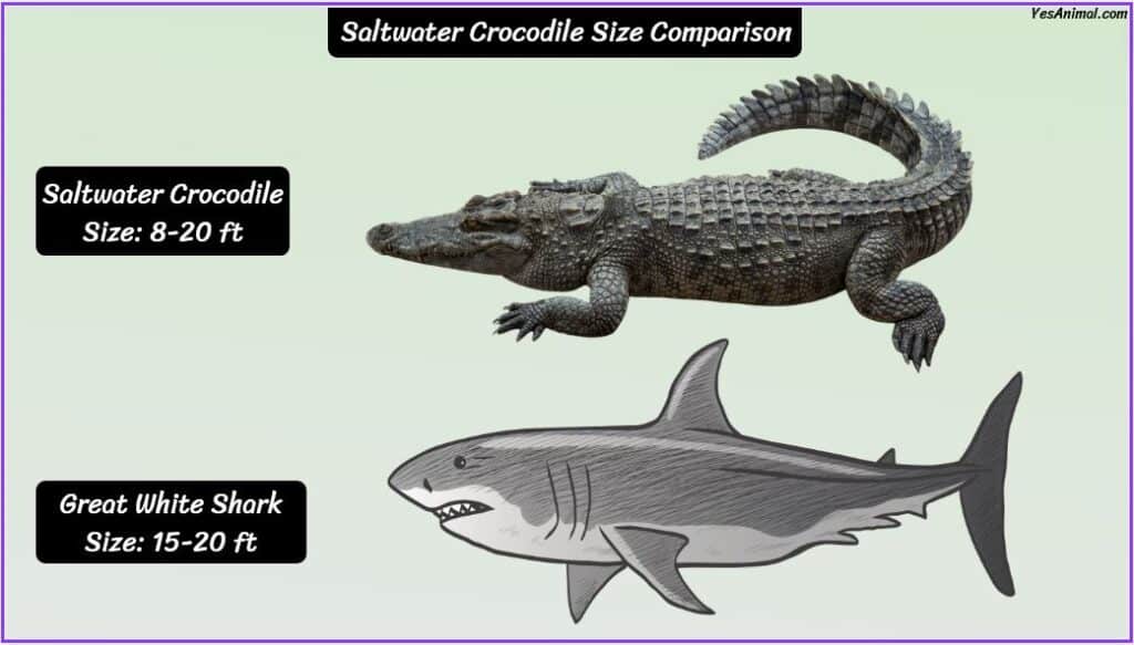 Saltwater Crocodile Size compared with great white shark